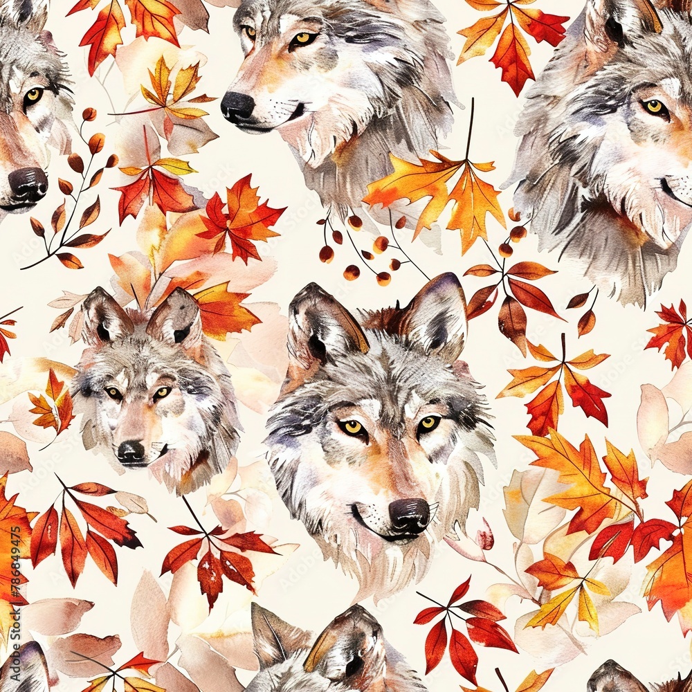 Wolves and autumn leaves, seasonal watercolor, seamless pattern, rich oranges and reds, crisp fall air. Seamless Pattern, Fabric Pattern, Tumbler Wrap, Mug Wrap.