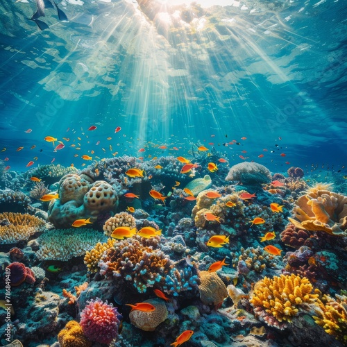 A colorful coral reef with colorful fish, sun rays shining through the water, a beautiful underwater landscape with vibrant colors in the style of national geographic photography