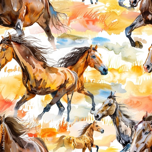 Galloping horses across open fields  dynamic watercolor  seamless pattern  flowing manes  freedom        s spirit  vivid landscapes.Seamless Pattern  Fabric Pattern  Tumbler Wrap  Mug Wrap.
