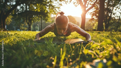 A person doing push-ups outdoors, utilizing natural surroundings for exercise.  photo