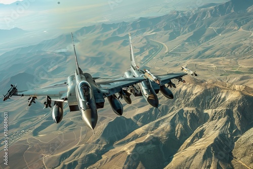 Air combat training with jets equipped with rockets, bombs, and weapons on wings photo