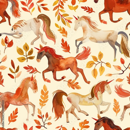 Ponies under autumn leaves  seasonal watercolor  seamless pattern  rich oranges and reds  crisp air  playful tails. Seamless Pattern  Fabric Pattern  Tumbler Wrap  Mug Wrap.