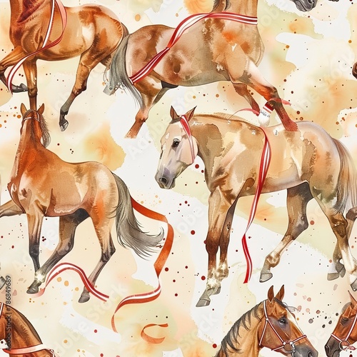 Show horses with ribbons  elegant watercolor  seamless pattern  proud stances  festive colors  celebration of grace. Seamless Pattern  Fabric Pattern  Tumbler Wrap  Mug Wrap.
