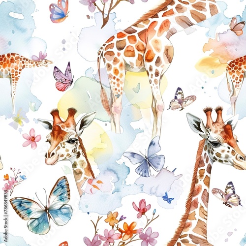 Playful giraffes and butterflies  enchanted watercolor  seamless pattern  fluttering wings  gentle curiosity  magical moments. Seamless Pattern  Fabric Pattern  Tumbler Wrap  Mug Wrap.