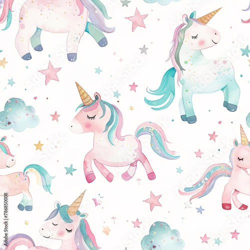 Baby unicorns and sparkles, enchanting watercolor, seamless pattern, soft glitters, pastel hues, mystical charm. Seamless Pattern, Fabric Pattern, Tumbler Wrap, Mug Wrap.