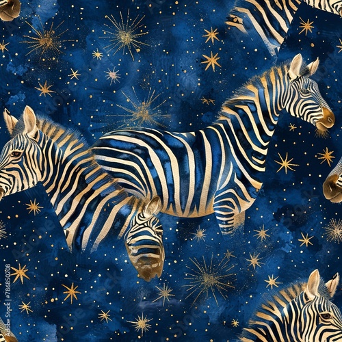 Striped zebras under starry skies, magical watercolor, seamless pattern, night blues, sparkling stars, peaceful slumber. Seamless Pattern, Fabric Pattern, Tumbler Wrap, Mug Wrap.