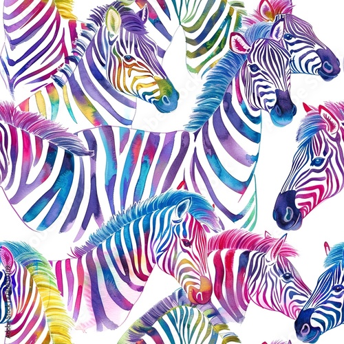 Zebras with colorful manes  whimsical watercolor  seamless pattern  rainbow hues  wild beauty  festive spirits. Seamless Pattern  Fabric Pattern  Tumbler Wrap  Mug Wrap.