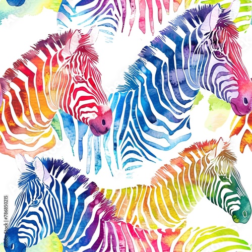 Zebras with colorful manes  whimsical watercolor  seamless pattern  rainbow hues  wild beauty  festive spirits. Seamless Pattern  Fabric Pattern  Tumbler Wrap  Mug Wrap.