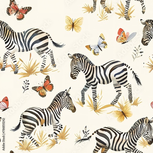 Playful zebras chasing butterflies  lively watercolor  seamless pattern  fluttering wings  vibrant meadows  joyful pursuits. Seamless Pattern  Fabric Pattern  Tumbler Wrap  Mug Wrap.