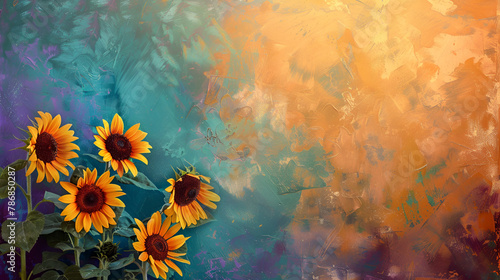 abstract watercolor background, Border of fresh sunflowers on colorful background.
