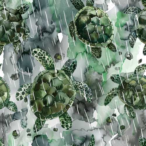 Turtles in the rain, refreshing watercolor, seamless pattern, cool greys and vibrant greens, peaceful showers, rejuvenating. Seamless Pattern, Fabric Pattern, Tumbler Wrap, Mug Wrap. photo