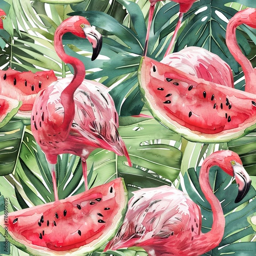 Flamingos with watermelon slices, playful watercolor, seamless pattern, juicy reds and soft greens, sweet summertime. Seamless Pattern, Fabric Pattern, Tumbler Wrap, Mug Wrap. photo