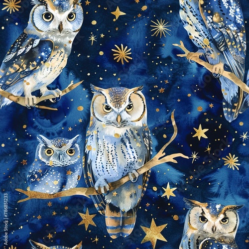 Owls with magical stars, enchanted watercolor, seamless pattern, glittering golds and deep night blues, celestial wonder. Seamless Pattern, Fabric Pattern, Tumbler Wrap, Mug Wrap.
