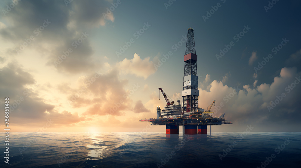 Oil rig platfomr on a calm sea ultra realistic image Engineering Technology on a cloudy background
