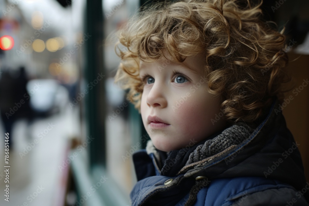 Portrait of a cute little boy with curly hair in the city Portrait of a cute little boy with curly hair in the city