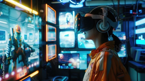An immersive virtual reality gaming experience, with players donning sleek headsets and controllers to explore digital worlds with stunning realism and interactivity. photo