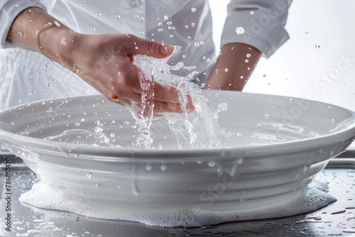 High-quality photo of washing dishes on a white background with the sunlight during the day