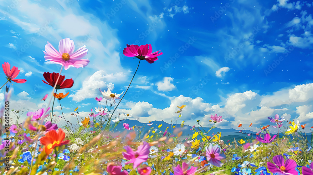 flowers and butterflies, Cosmos on field with the colorful at sky.