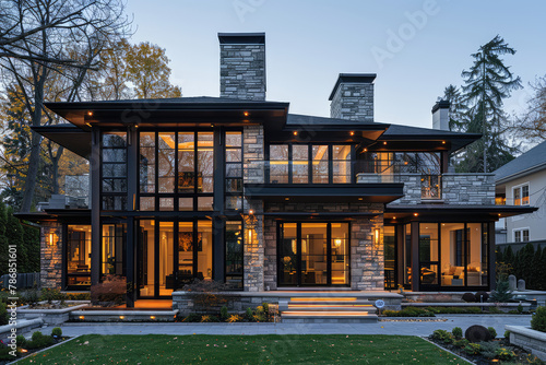 A stone and wood house with large glass windows, nestled in the heart of Toronto's aristocratic district. Created with Ai