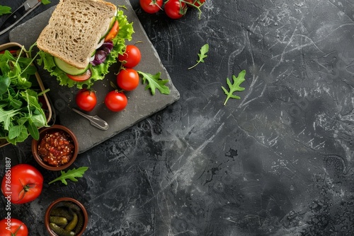 Nutritious lunch box with sandwich and fresh vegetables on stone table, top-down view