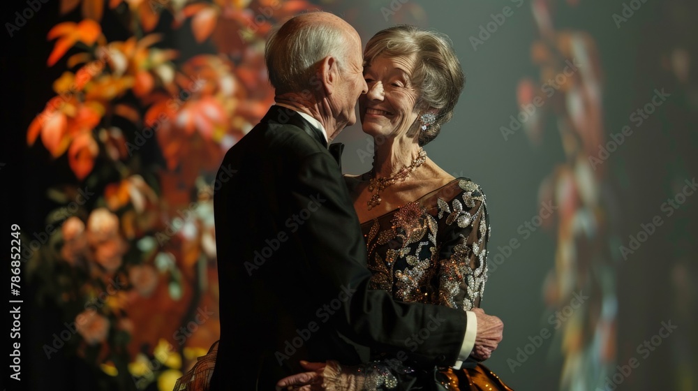 Elderly couple in sophisticated evening wear, sharing a moment on the catwalk