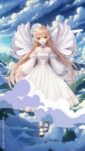 A beautiful winged angel in the clouds