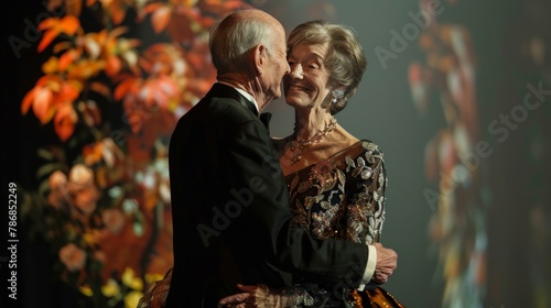 Elderly couple in sophisticated evening wear, sharing a moment on the catwalk