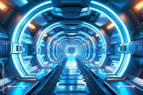 Futuristic Spaceship Interior: Exploring the Neon Blue Corridors of High-Tech Space Vessel