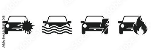 Set of Auto crash signs. Broken cars signs collection. Vector illustration.