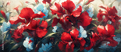 painting of red and blue flowers in a field with green leaves photo