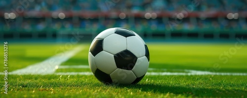 Soccer ball on a pitch in an empty stadium © Juraj