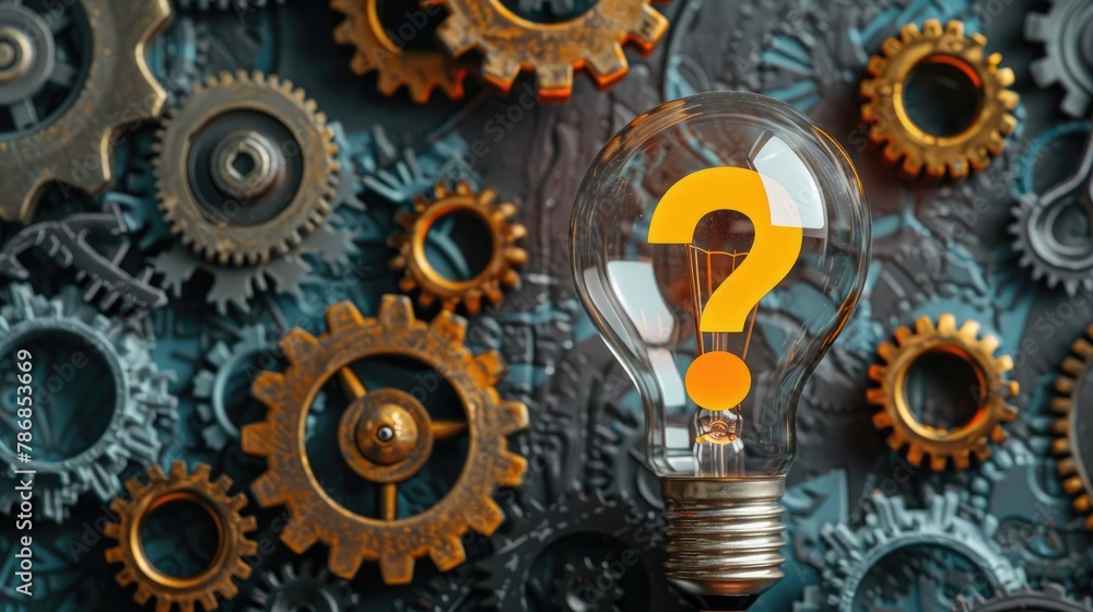 Marketing Concept Symbolized by Question Mark Gears and Light Bulb Marketing Concept Symbolized by Question Mark Gears and Light Bulb