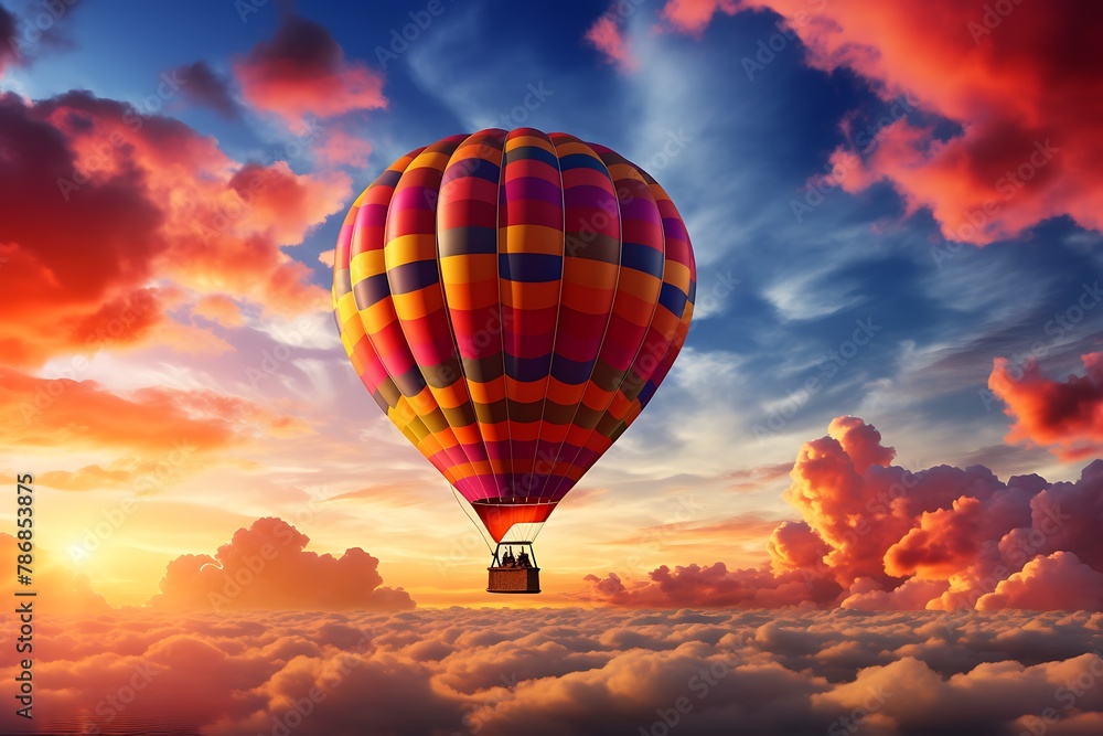 Obraz premium Hot air balloon in the sky at sunset, beautiful landscape