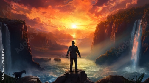 A businessman stands in front of a beautiful waterfall, business and nature, success concept.