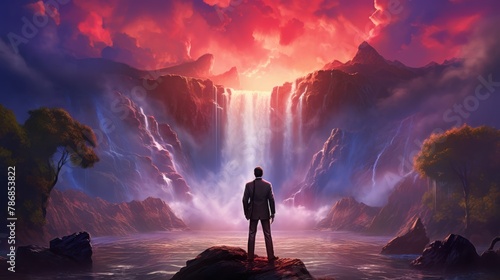A businessman stands in front of a beautiful waterfall, business and nature, success concept. photo
