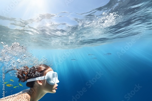 A lively photo of a beautiful bronze hair woman wearing an orange waterproof goggle, and swimming alone in blue clean water. Generative AI.
