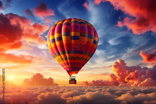 Hot air balloon in the sky at sunset, beautiful landscape