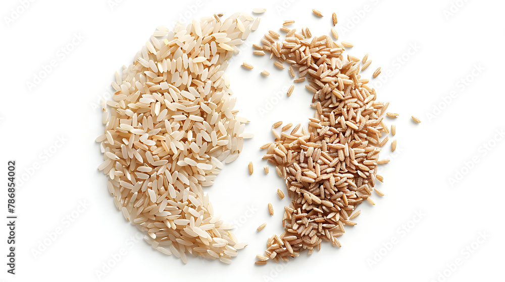 Rice in a Yin and yang sign composition isolated on white background .generative ai Rice in a Yin and yang sign composition isolated on white background .generative ai