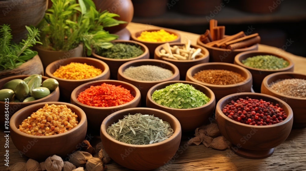 A bounty of herbs and spices arranged in wooden bowls and loose on a wood background A bounty of herbs and spices arranged in wooden bowls and loose on a wood background