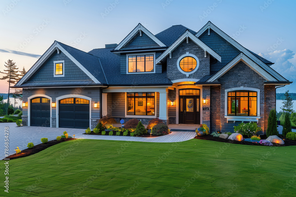  A beautiful luxury home with an exterior that includes dark grey shingle, white trim and large windows. The house has a three car garage on the left side of its front yard. Created with Ai - obrazy, fototapety, plakaty 