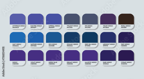 Indigo Color Guide Palette with Color Names. Catalog Samples Purple with RGB HEX codes and Names. Metal Colors Palette Vector, Wood and Plastic Indigo Color Palette, Fashion Trend Purple Color Palette