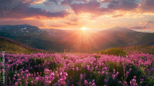 Beautiful panorama rural landscape with sunrise and blossoming meadow. purple flowers flowering on spring field #786854432