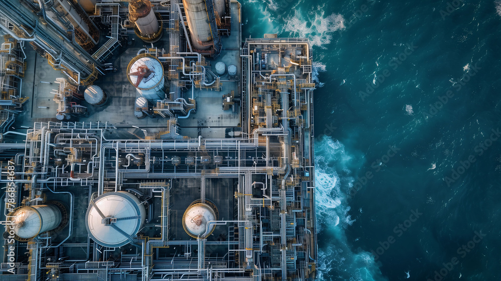 Aerial View of Industrial Oil Refinery with Storage Tanks by the Ocean Aerial View of Industrial Oil Refinery with Storage Tanks by the Ocean