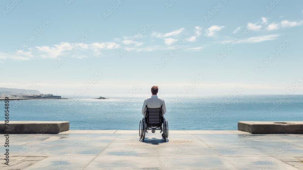 young man's wheelchair is parked at the tourist pier, his back facing the clean sea,