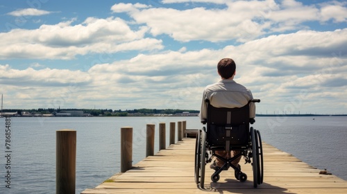 young man's wheelchair is parked at the tourist pier, his back facing the clean sea,
