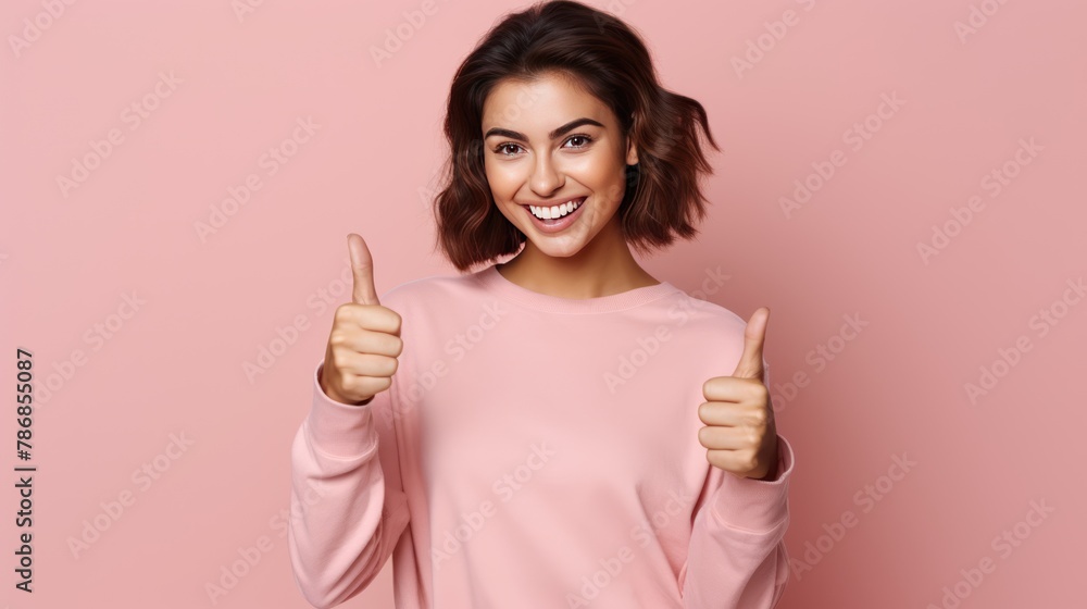 attractive cheerful successful brown-haired girl showing thumbup attractive cheerful successful brown-haired girl showing thumbup