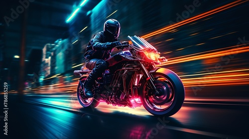 Motorcyclist riding a motorcycle with neon lights on a dark background © MahmudulHassan