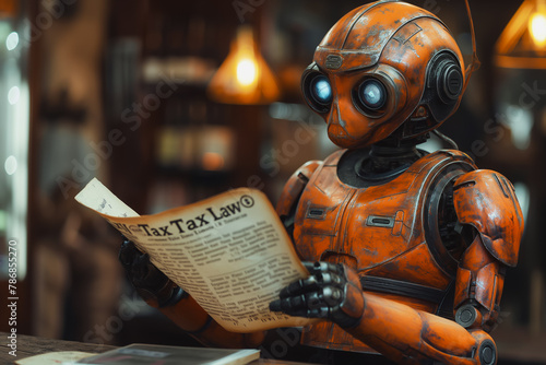 A robot is reading a newspaper about tax law