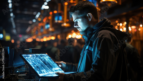  A photo of an IT worker in a dark hoodie and glasses working on his tablet to the side  he is surrounded by glowing digital code. Created with Ai