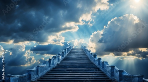 long staircase to blue dramatic clouds with sunlight rays fantasy background from Generative AI #786855415